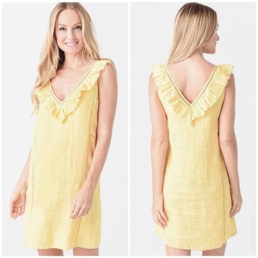 FAHERTY Ellis Yellow Organic Linen Eyelet Ruffle Summer Shift Dress Size Small